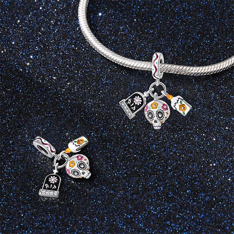 Pangama Jewelry Día de los Muertos Charm, Skull, Candle, and RIP Gravestone