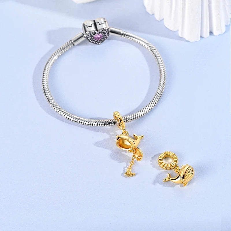 Golden Whale & Fish Dangle Charm