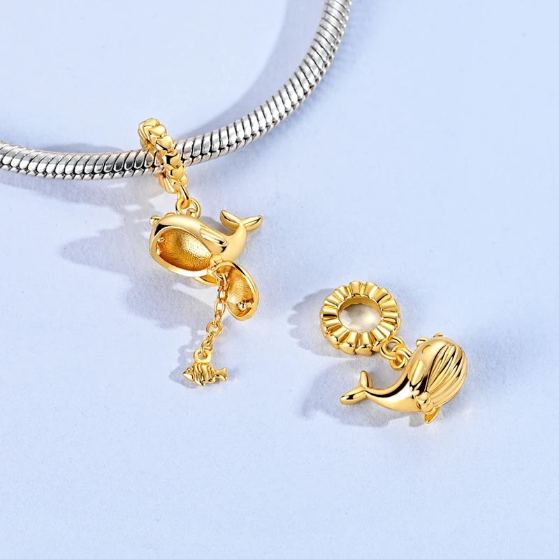 Golden Whale & Fish Dangle Charm