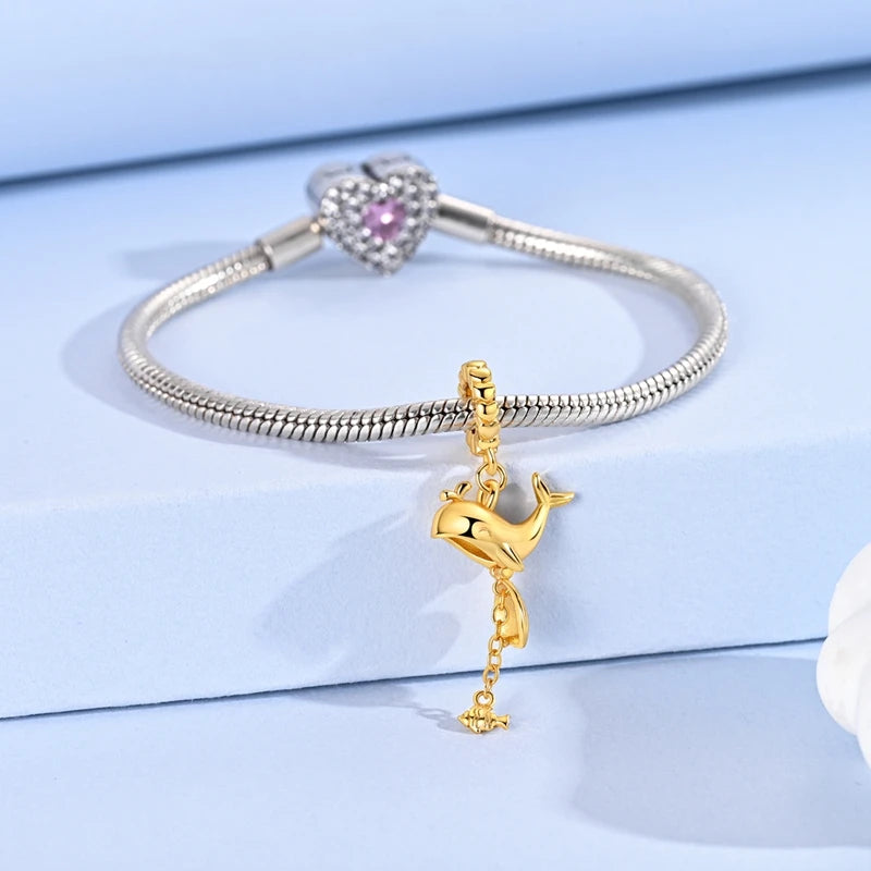 Golden Whale & Fish Dangle Charm