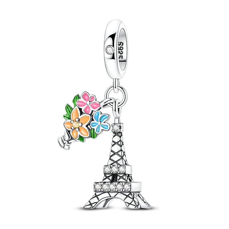 Pangama Jewelry Eiffel Tower with Floral Bouquet Dangle Charm