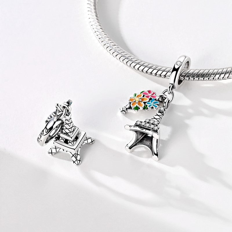 Pangama Jewelry Eiffel Tower with Floral Bouquet Dangle Charm