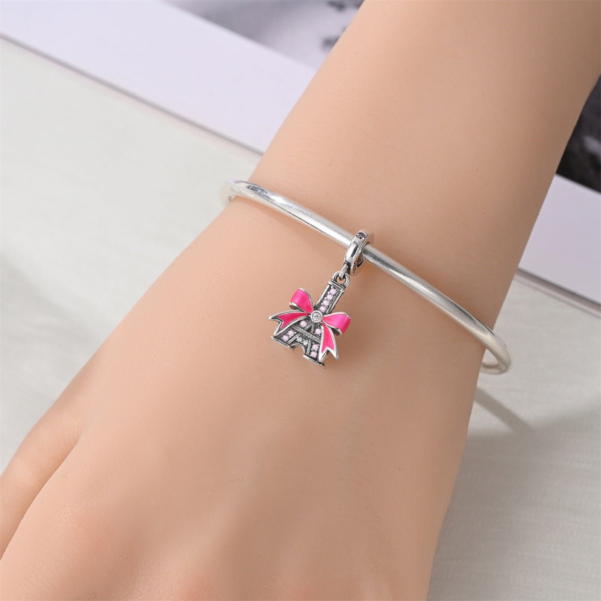 Pangama Jewelry Eiffel Tower with Pink Bow Dangle Charm