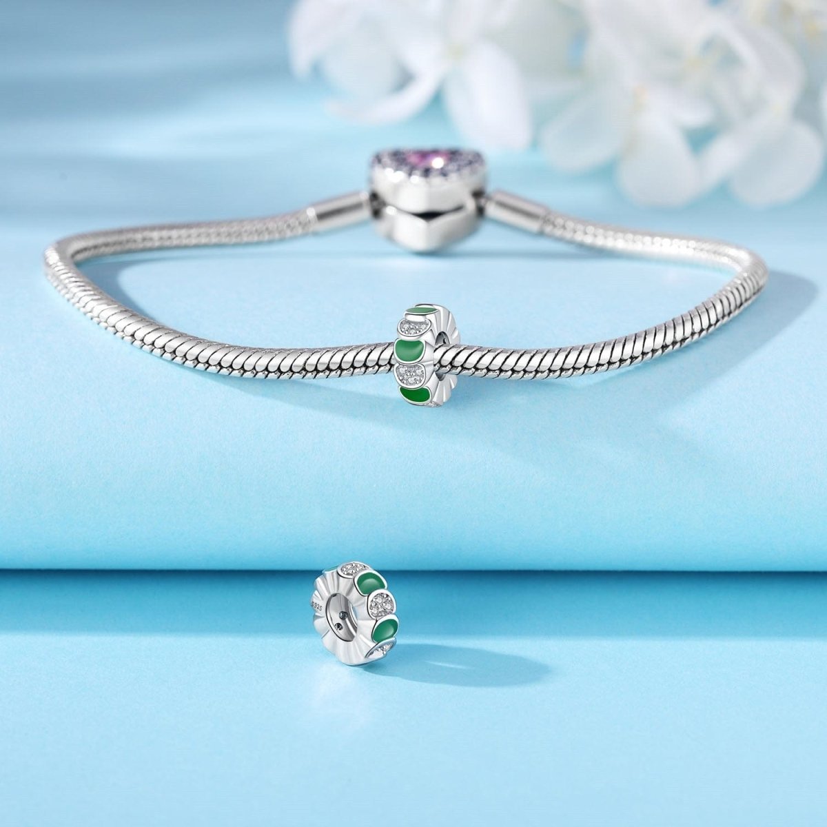 Pangama Jewelry Elegant Green Enamel & Crystal Detailed Sterling Silver Charm