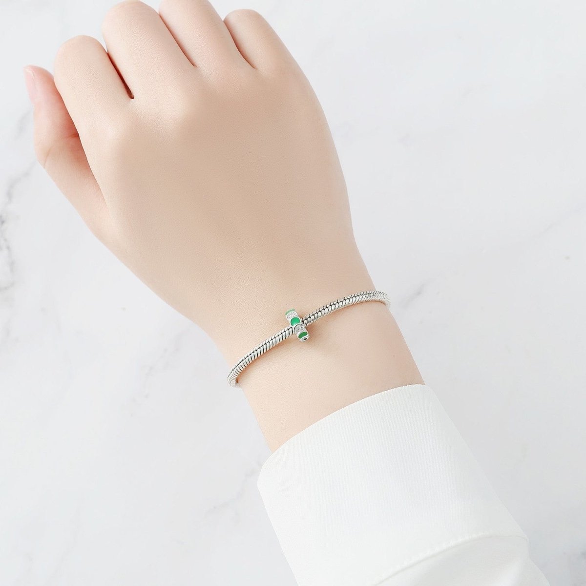 Pangama Jewelry Elegant Green Enamel & Crystal Detailed Sterling Silver Charm