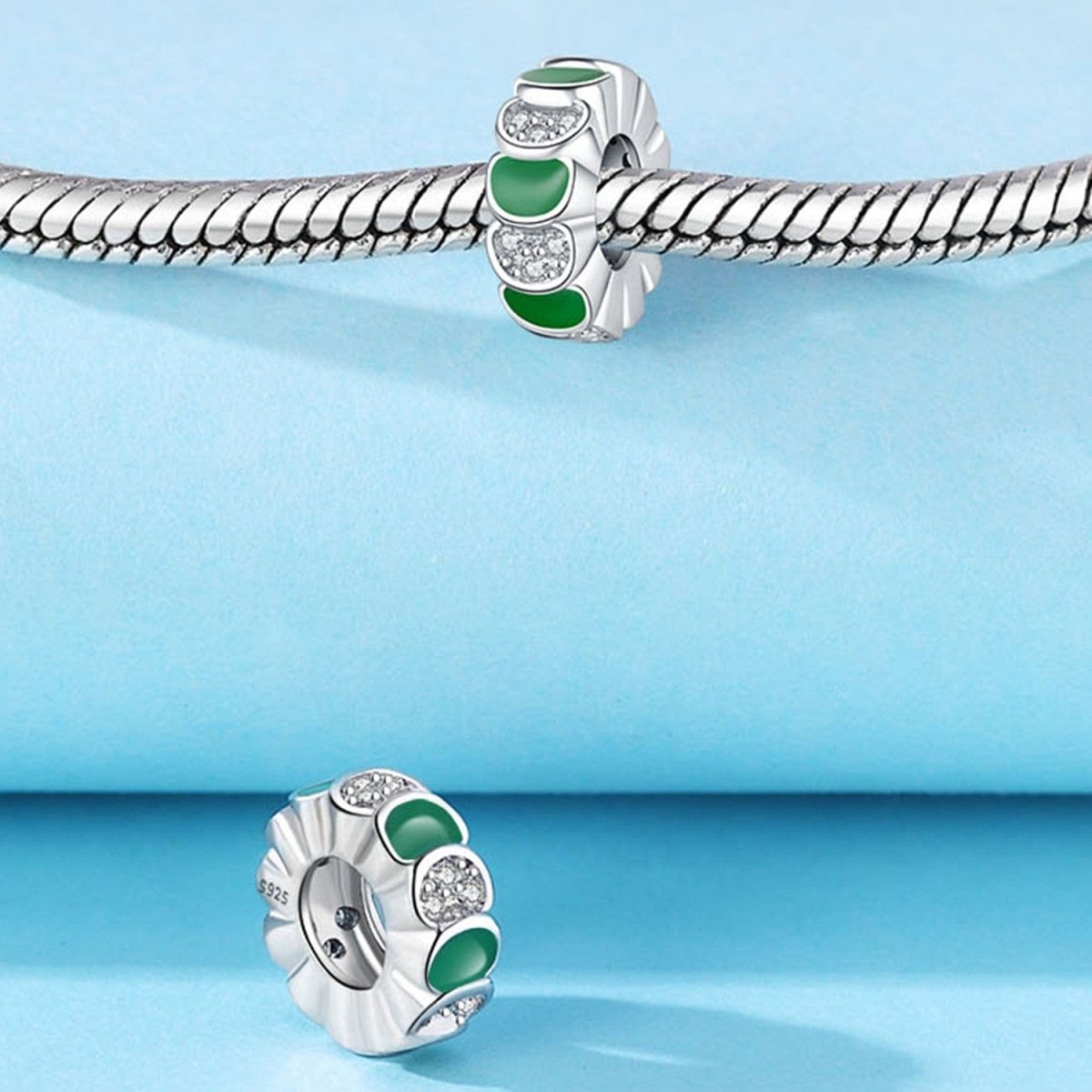 Pangama Jewelry Elegant Green Enamel & Crystal Detailed Sterling Silver Charm