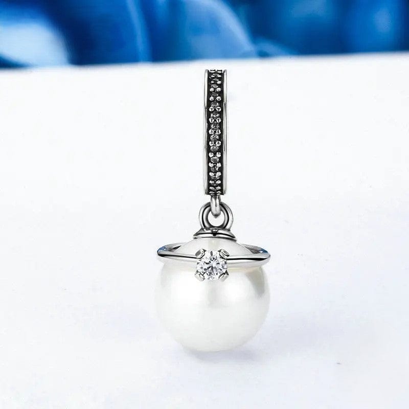Pangama Jewelry Elegant Pearl and Clear Crown CZ Dangle Charm