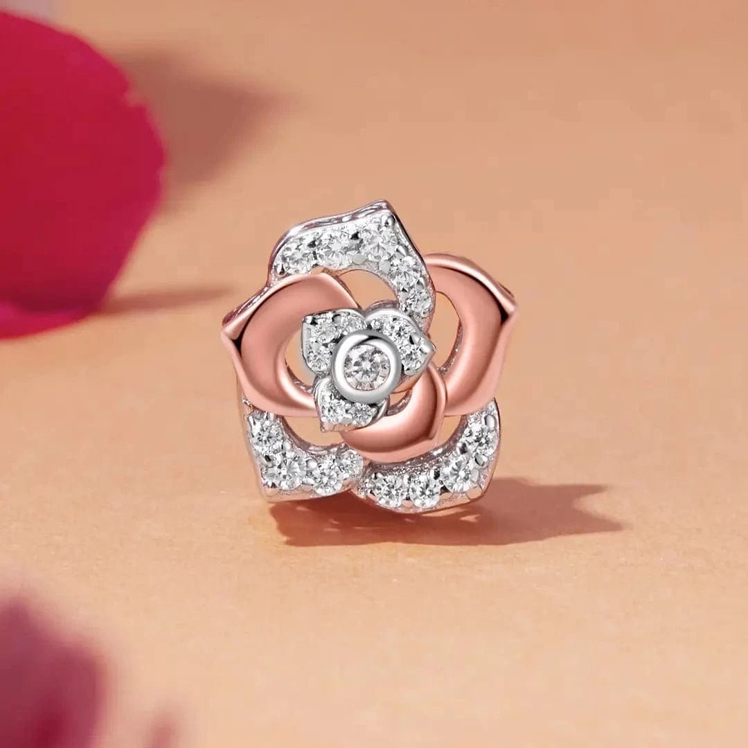 Pangama Jewelry Elegant Rose Gold Bloom with Sparkling Crystal Petals Charm