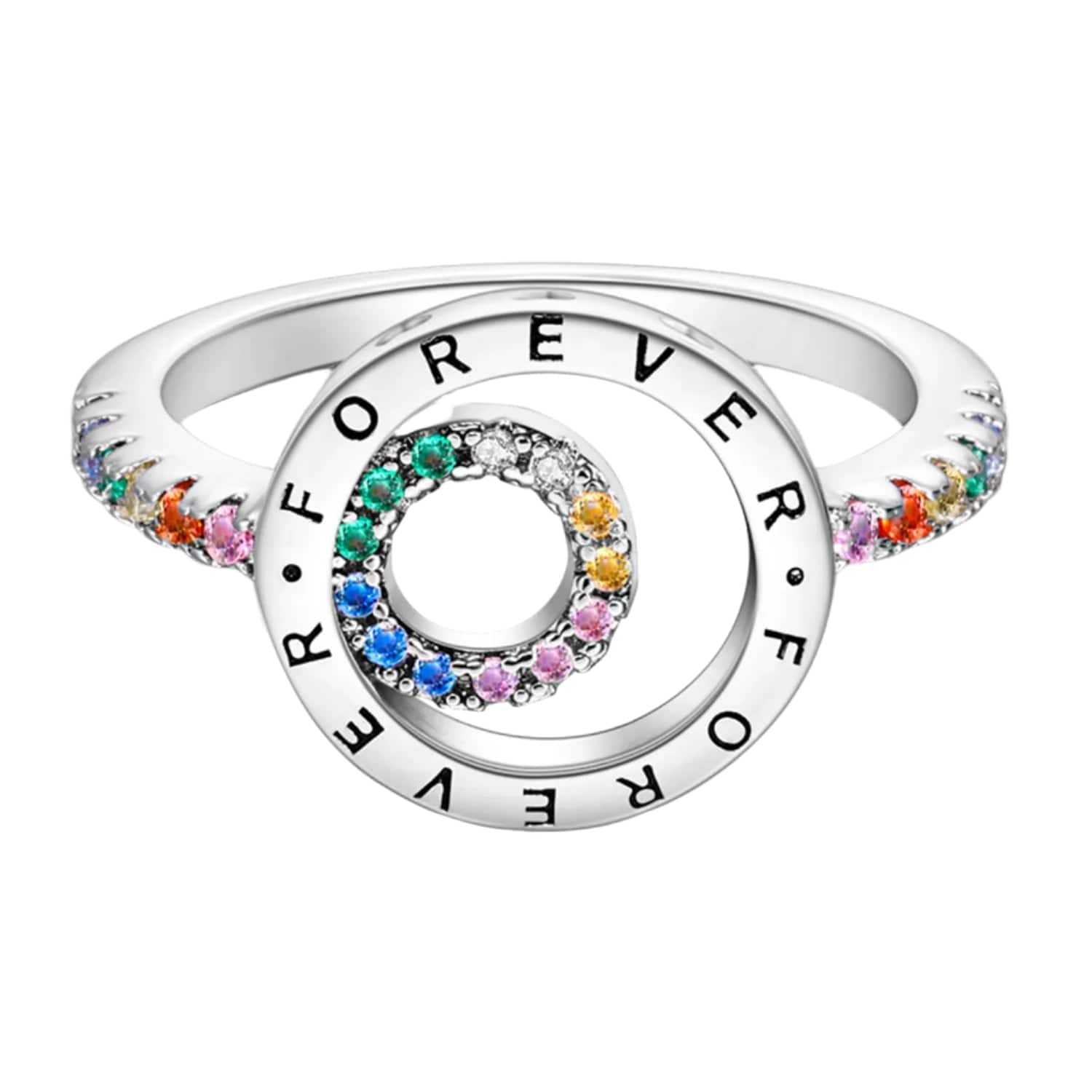 Pangama Jewelry Elegant Sparkling Round Family Forever Rainbow Stone Ring