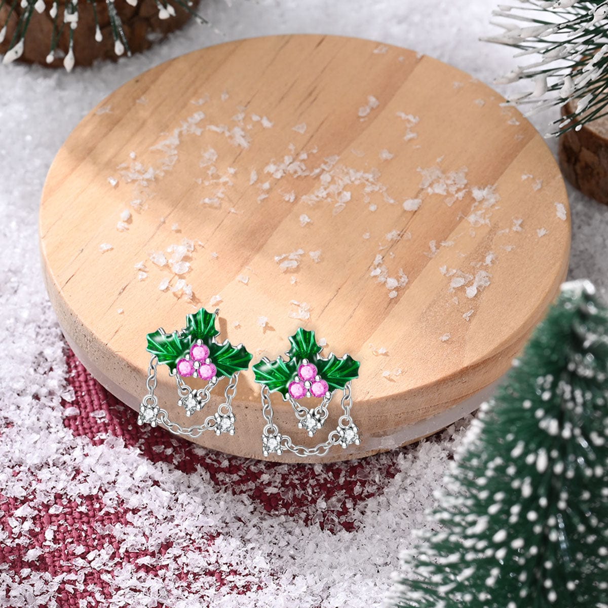 Pangama Jewelry Festive Holly Leaf & Berry Chain Earrings