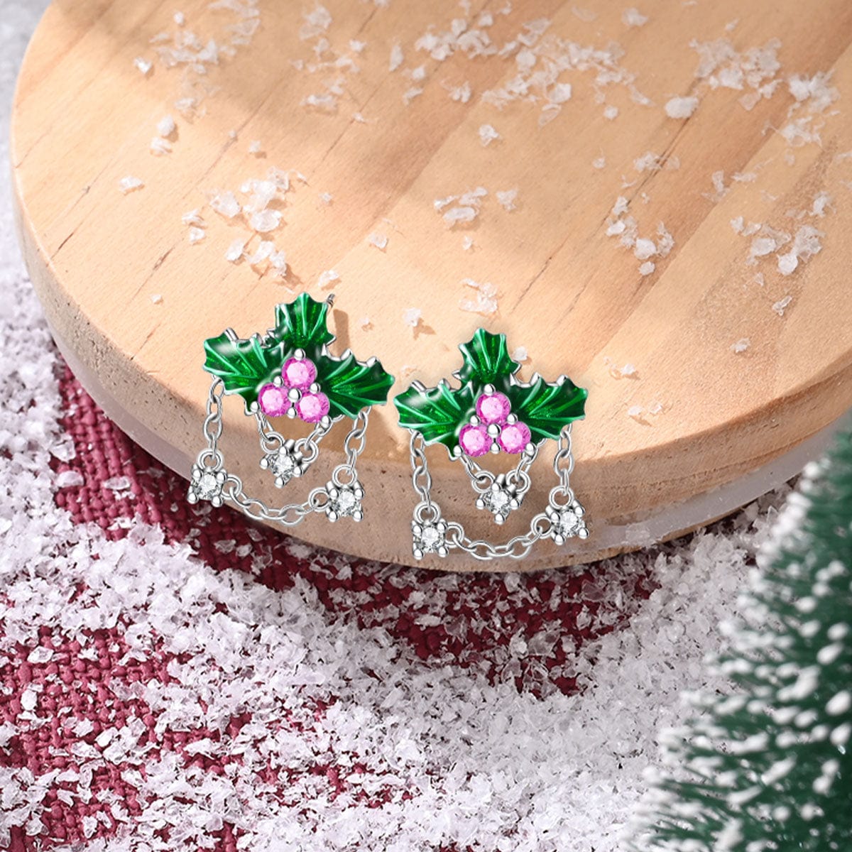 Pangama JewelryFestive Holly Leaf & Berry Chain Earrings