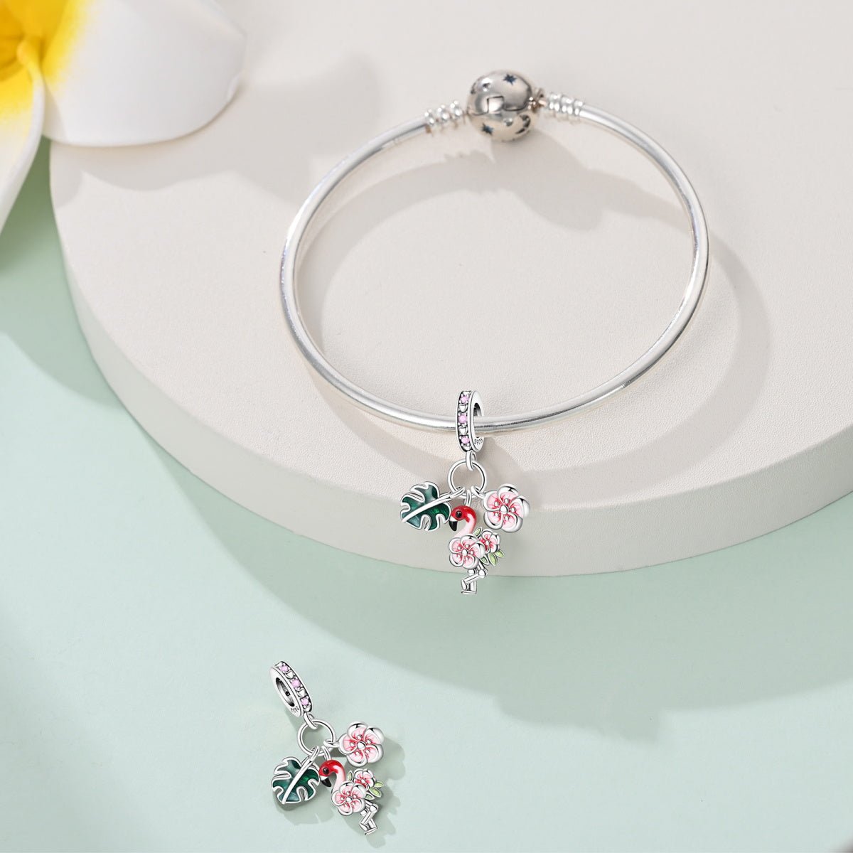 Pangama Jewelry Flamingo, Tropical Leaves & Blossom Flowers Triple Dangle Charm