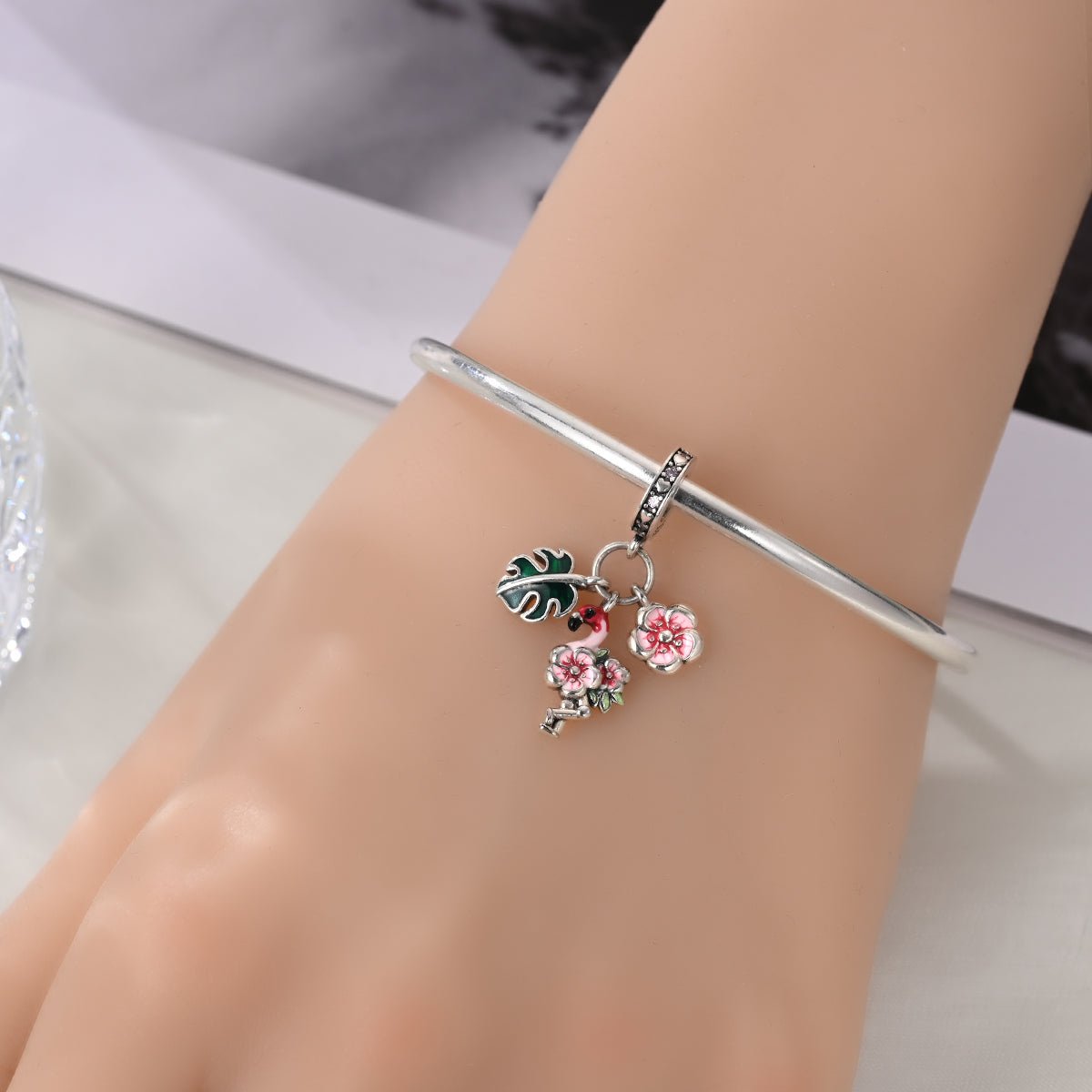 Pangama Jewelry Flamingo, Tropical Leaves & Blossom Flowers Triple Dangle Charm