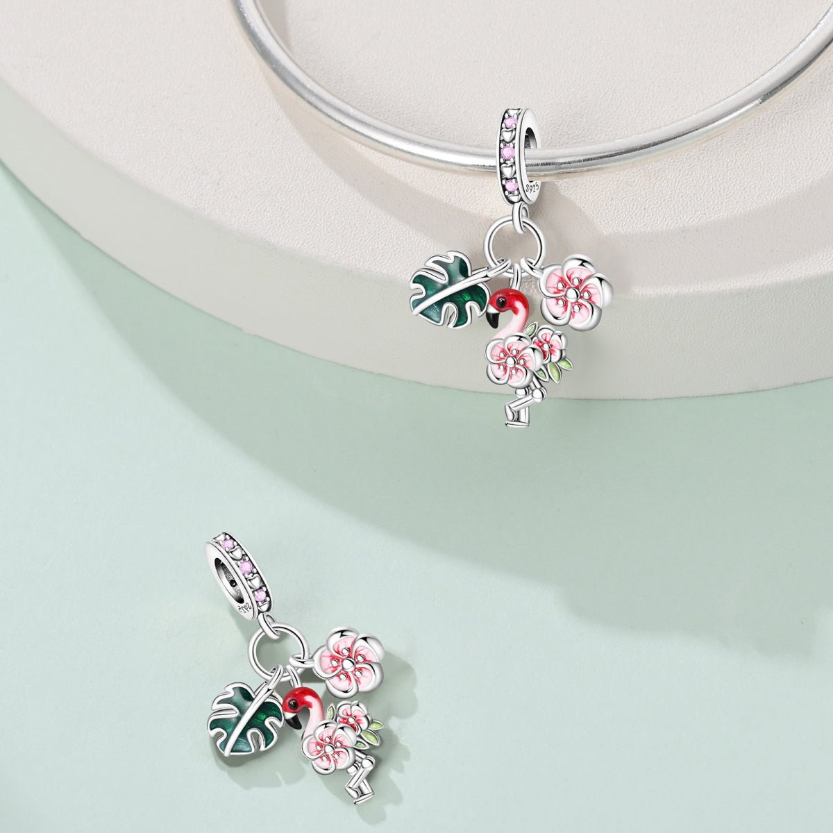 Pangama Jewelry Flamingo, Tropical Leaves & Blossom Flowers Triple Dangle Charm