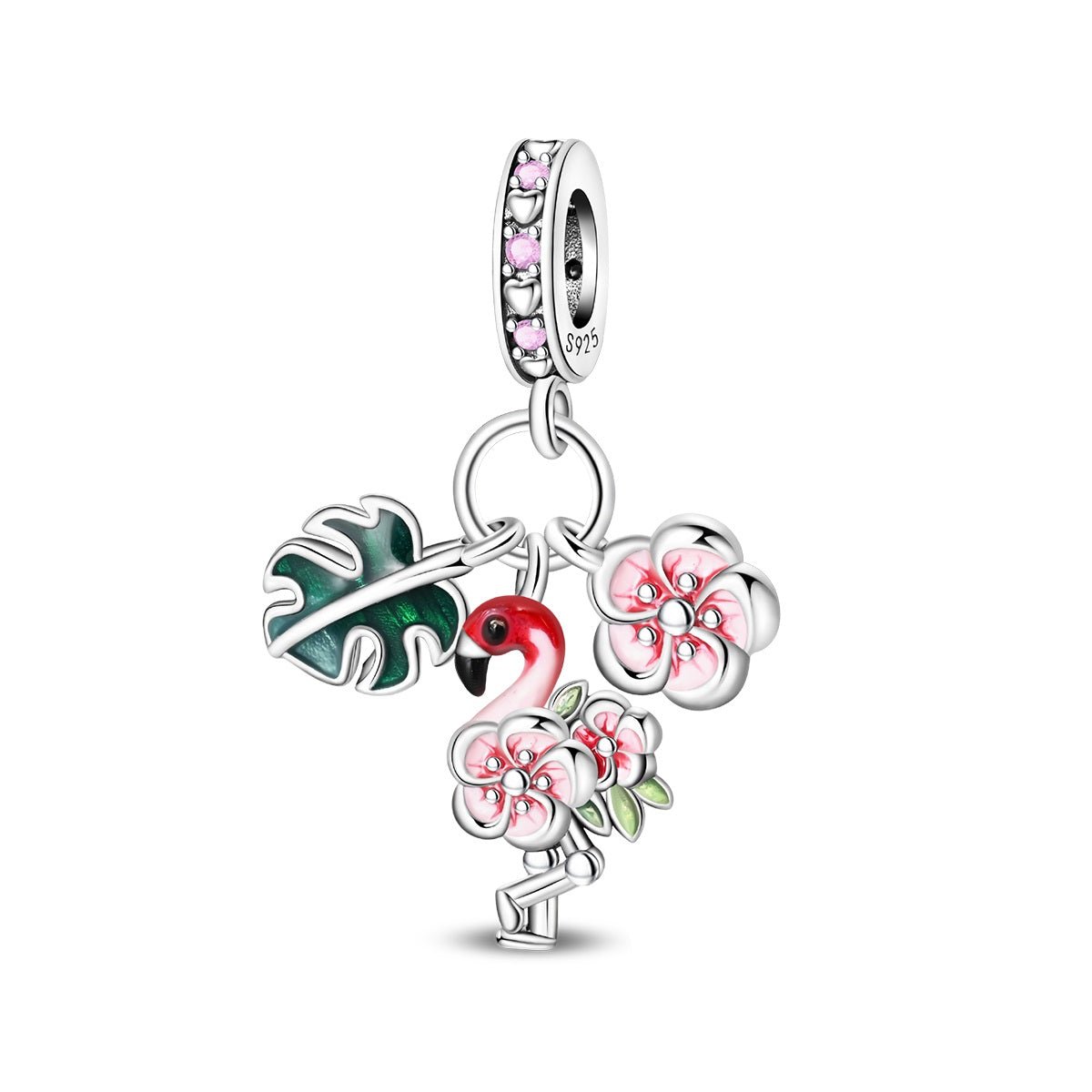 Pangama Jewelry Flamingo, Tropical Leaves & Blossom Flowers Triple Dangle Charm