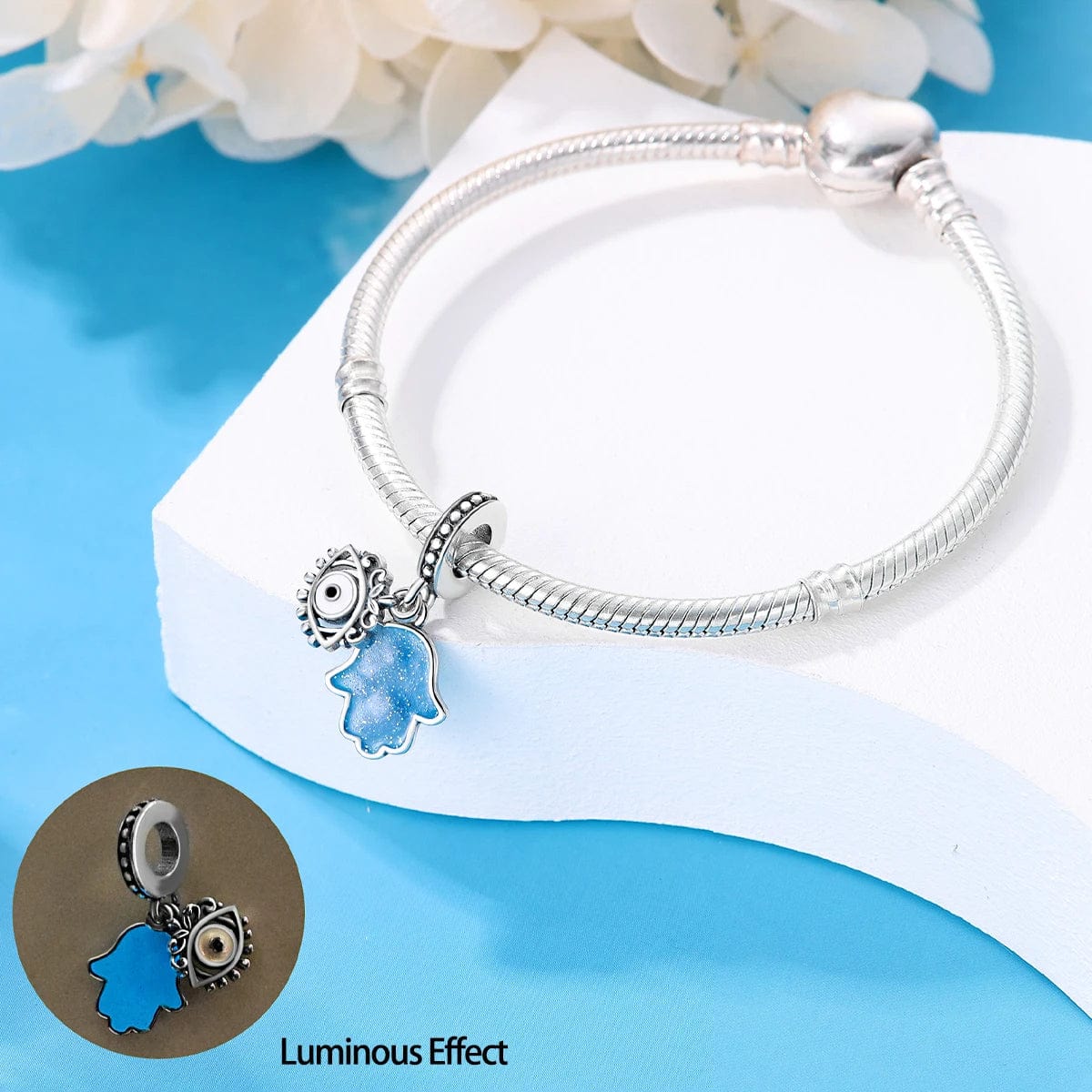 Pangama Jewelry Glow in the Dark Luminous Hamsa Hand and Evil Eye Dangle Charm