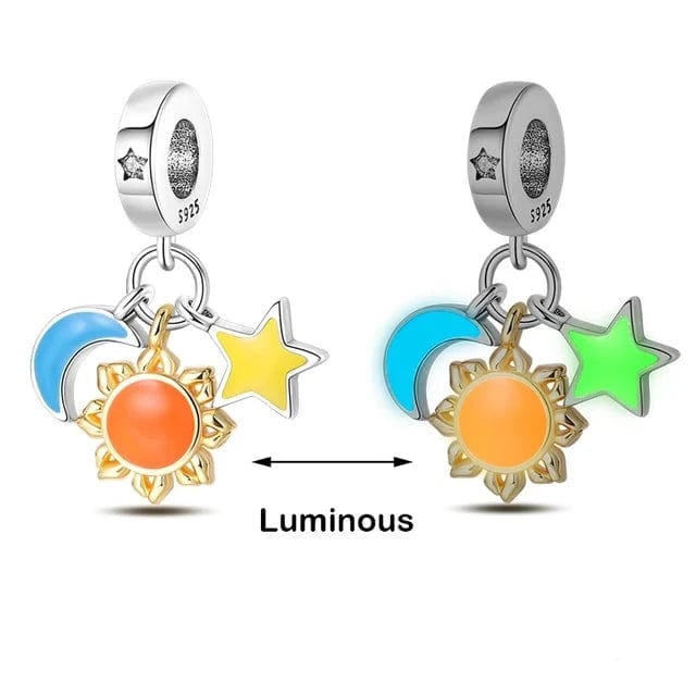 Pangama Jewelry Glow in the Dark Luminous Moon Sun and Star Triple Dangle Charm