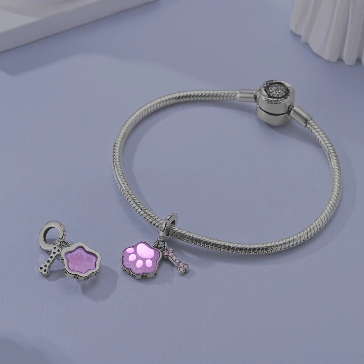 Pangama Jewelry Glow in the Dark Luminous Pink Paw & Bone Dangle Charm