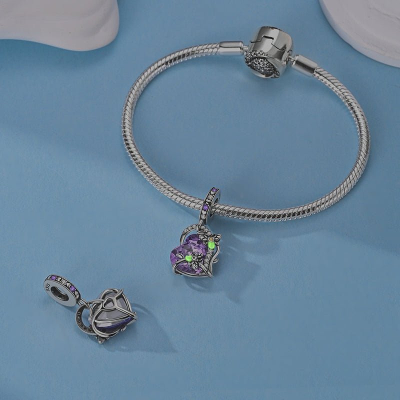 Pangama Jewelry Glow in the Dark Luminous Purple Crystal Heart with Floral Vine Dangle Charm