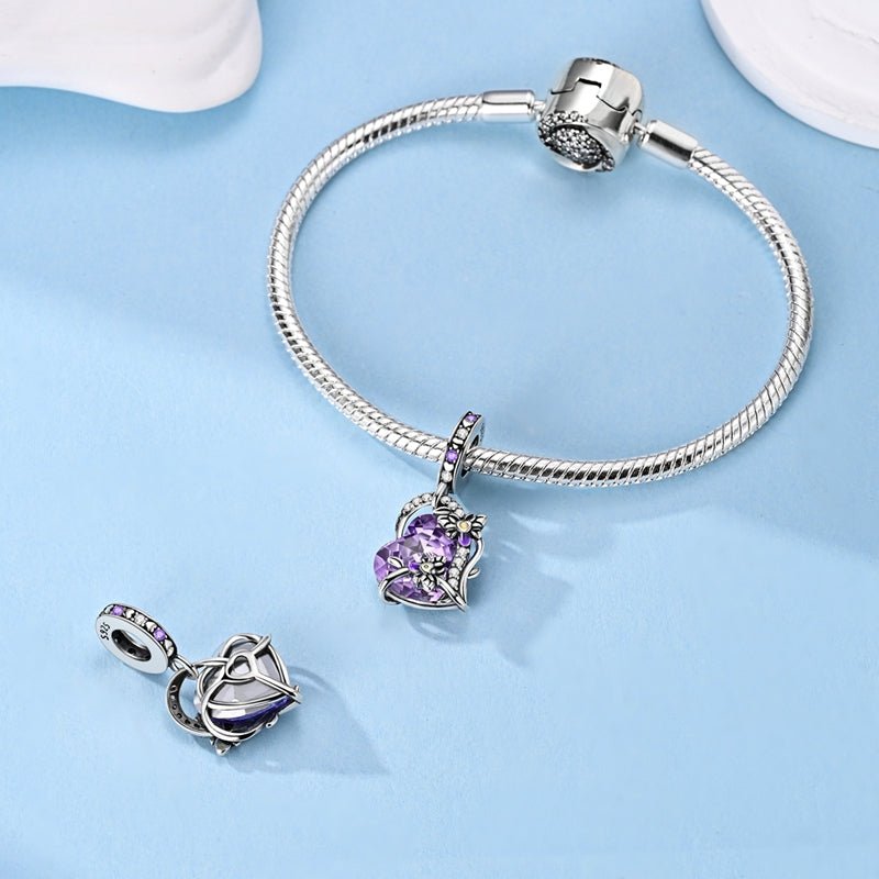 Pangama Jewelry Glow in the Dark Luminous Purple Crystal Heart with Floral Vine Dangle Charm