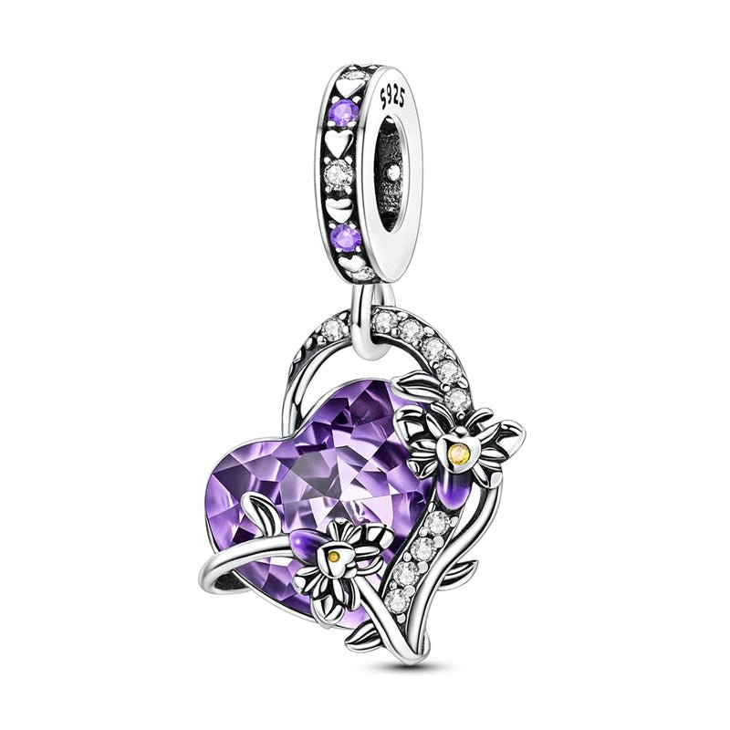 Pangama Jewelry Glow in the Dark Luminous Purple Crystal Heart with Floral Vine Dangle Charm