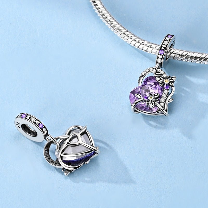 Pangama Jewelry Glow in the Dark Luminous Purple Crystal Heart with Floral Vine Dangle Charm