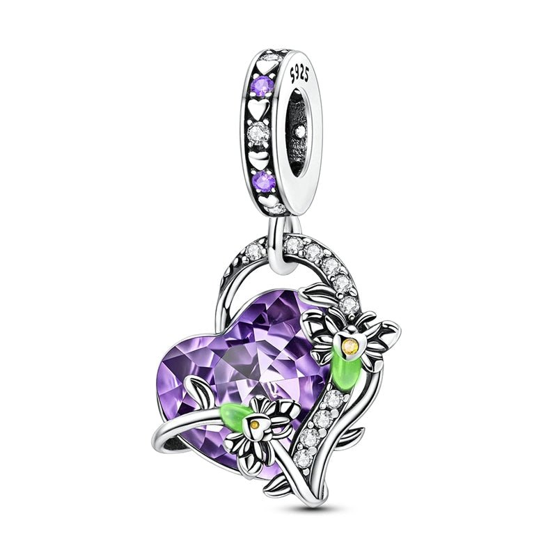 Pangama Jewelry Glow in the Dark Luminous Purple Crystal Heart with Floral Vine Dangle Charm