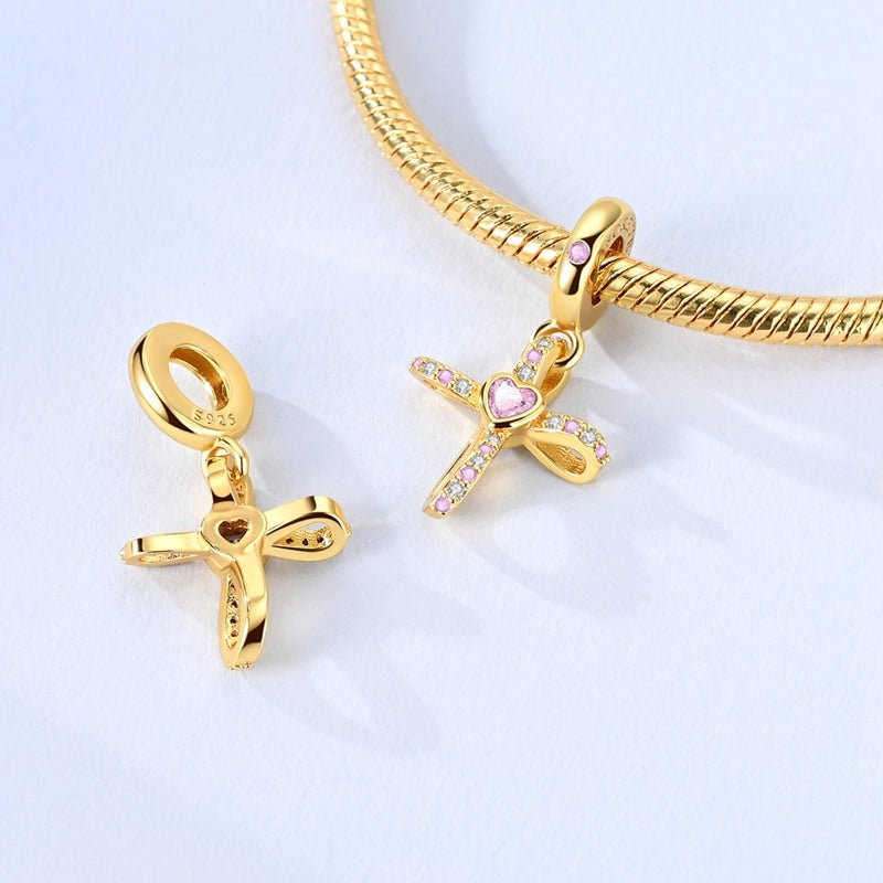 Pangama Jewelry Gold Cross with Pink Heart Dangle Charm