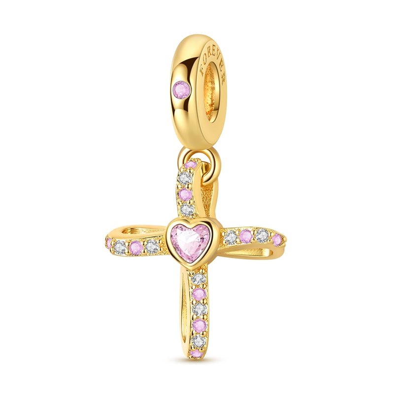 Pangama Jewelry Gold Cross with Pink Heart Dangle Charm