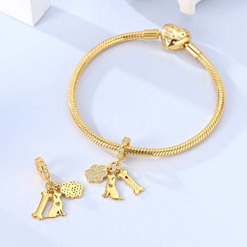 Pangama Jewelry Gold I Love My Dog Paw, Bone & Puppy Dangle Charm