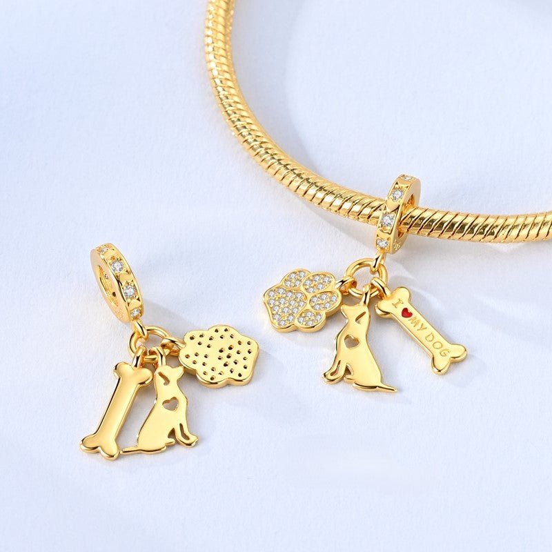 Pangama Jewelry Gold I Love My Dog Paw, Bone & Puppy Dangle Charm