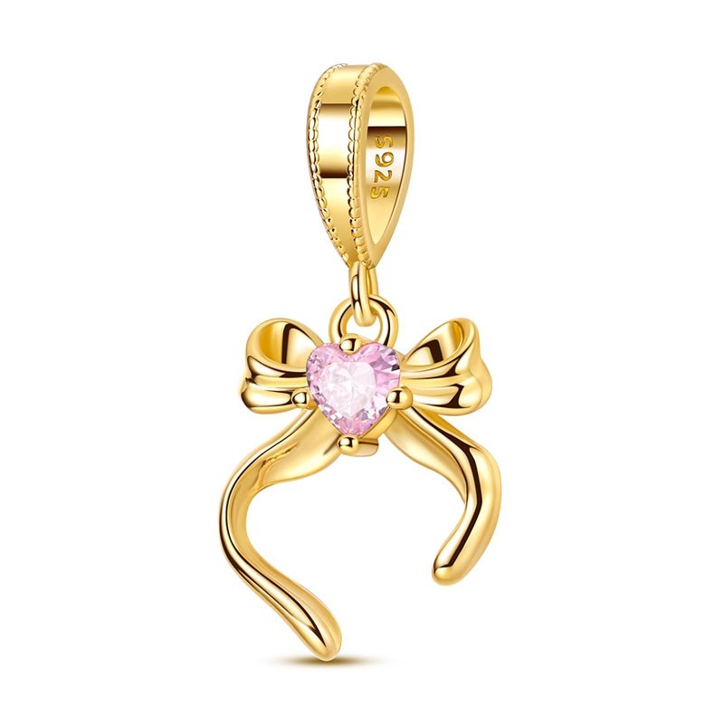 Pangama Jewelry Gold Ribbon Bow with Pink Heart Dangle Charm