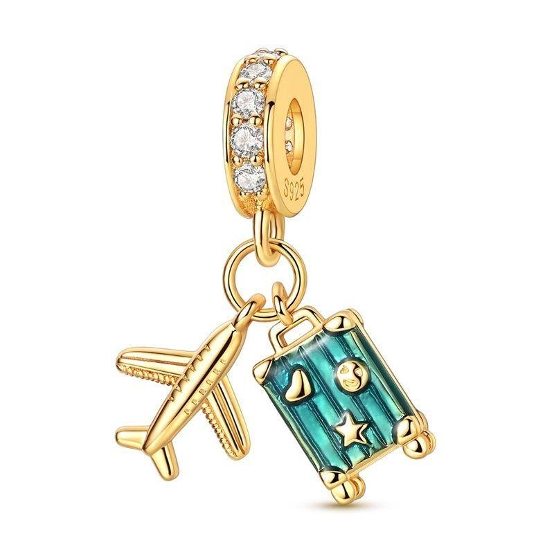 Pangama Jewelry Golden Adventure Suitcase & Airplane Dangle Charm