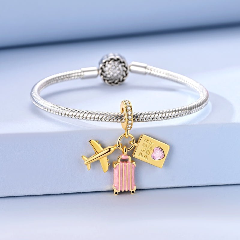 Pangama Jewelry Golden Airplane, Pink Suitcase & Passport Travel Dangle Charm