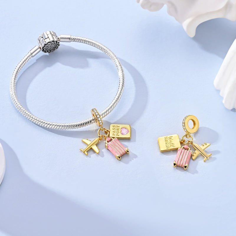 Pangama Jewelry Golden Airplane, Pink Suitcase & Passport Travel Dangle Charm