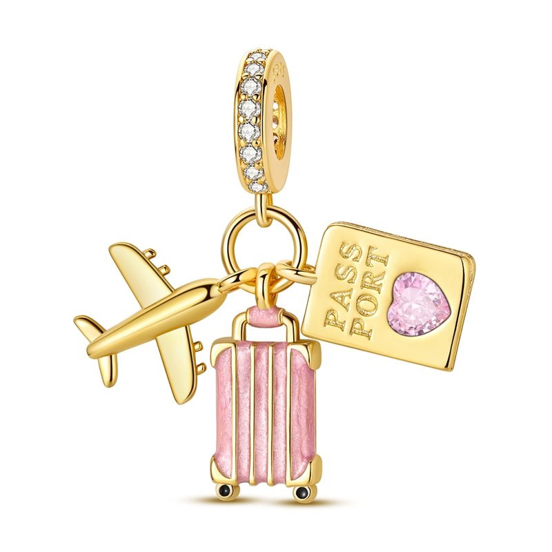 Pangama Jewelry Golden Airplane, Pink Suitcase & Passport Travel Dangle Charm