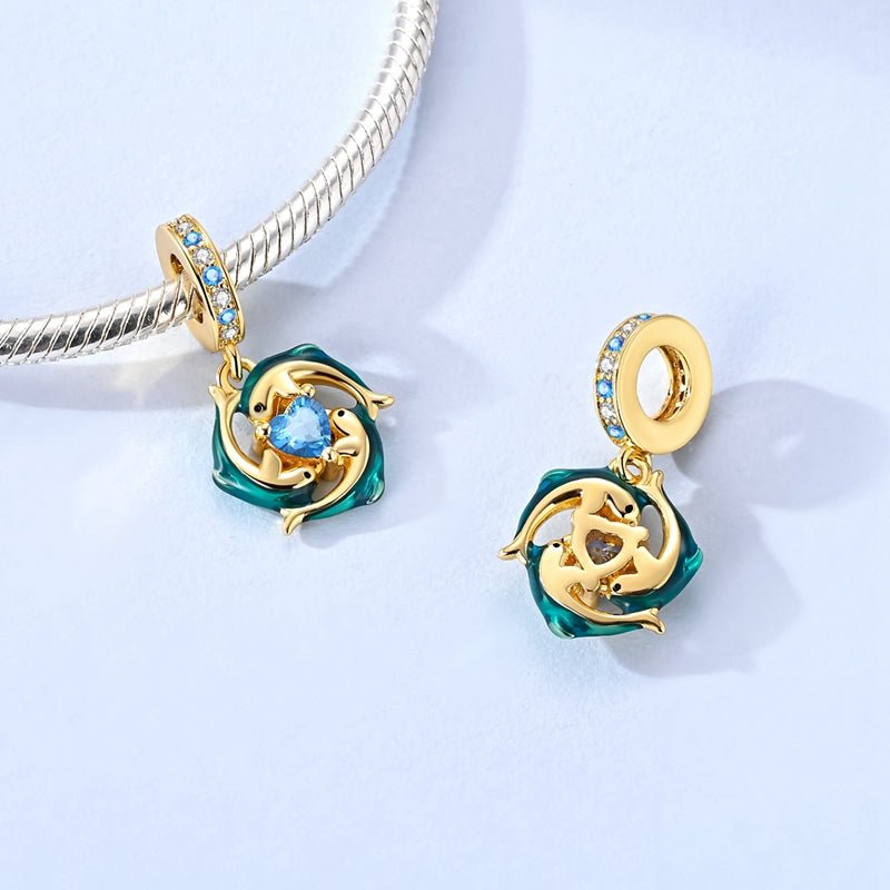 Pangama Jewelry Golden Blue Dolphins with Heart Ocean Sparkle Dangle Charm