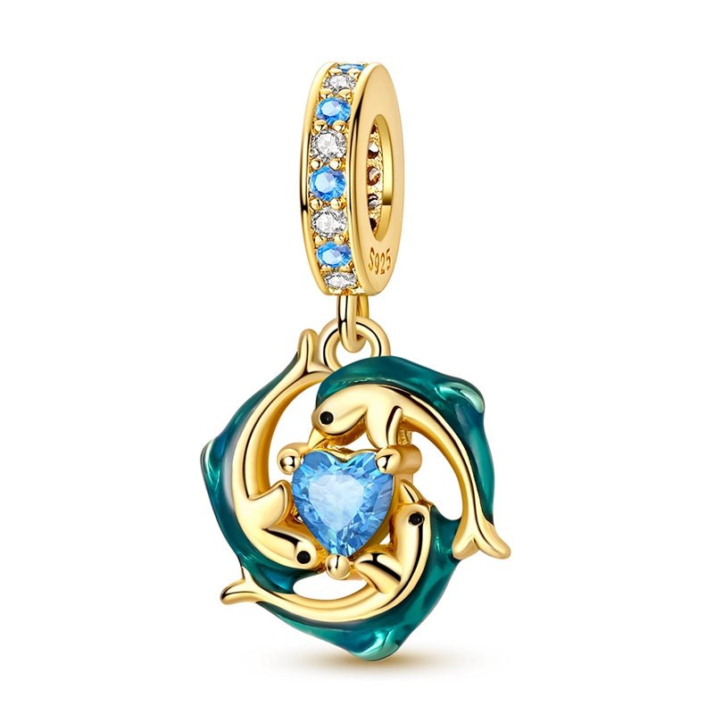 Pangama Jewelry Golden Blue Dolphins with Heart Ocean Sparkle Dangle Charm