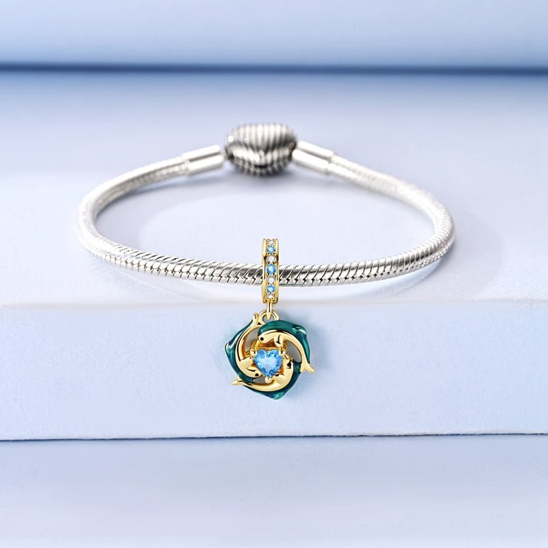 Pangama Jewelry Golden Blue Dolphins with Heart Ocean Sparkle Dangle Charm