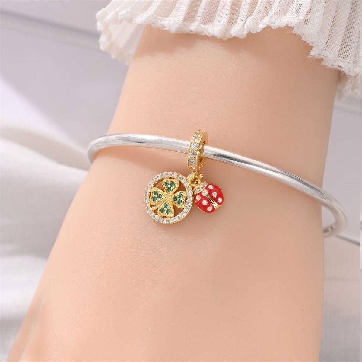 Pangama Jewelry Golden Four - Leaf Clover & Ladybug Lucky Dangle Charm