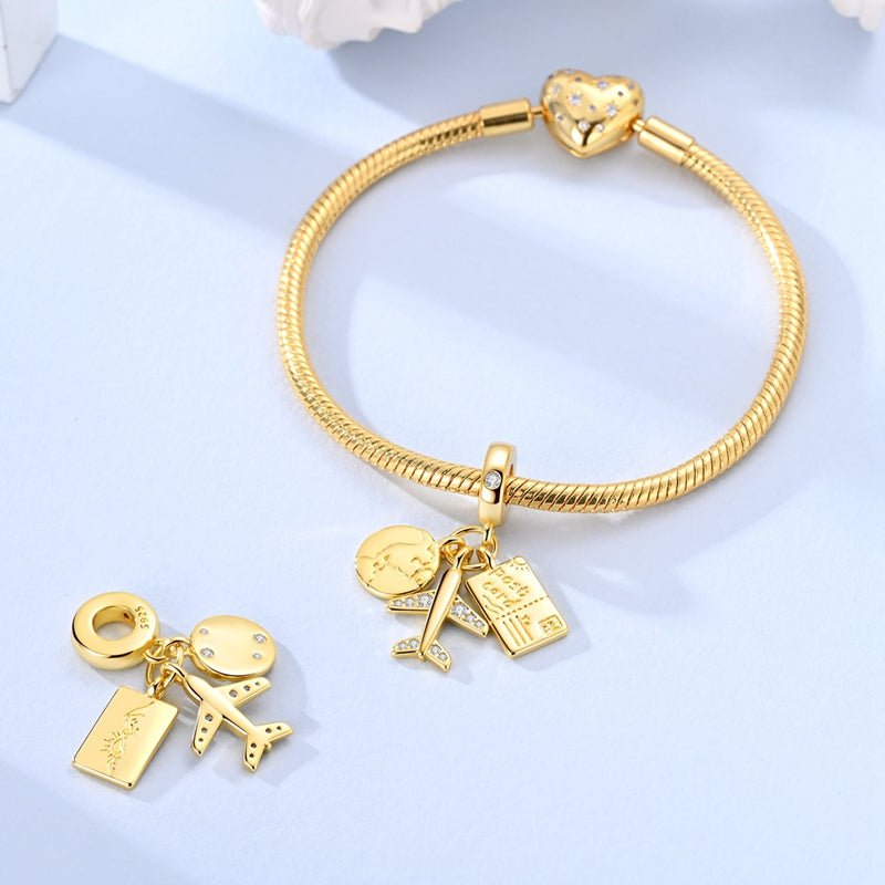 Pangama Jewelry Golden Globe, Airplane & Postcard Triple Dangle Charm