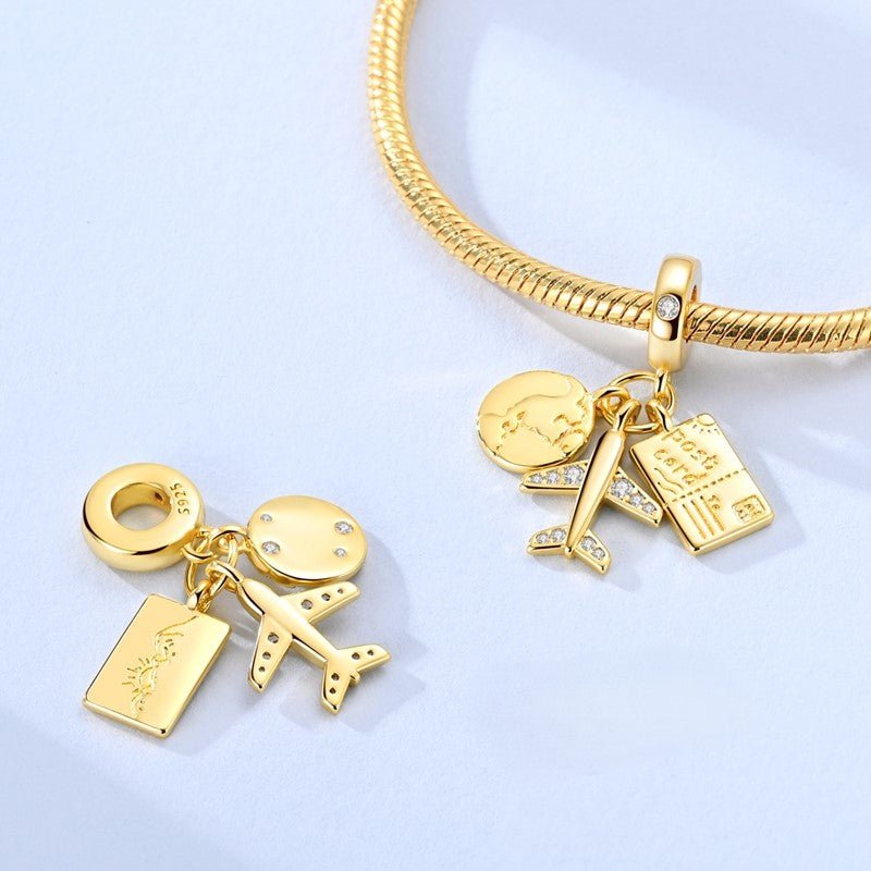 Pangama Jewelry Golden Globe, Airplane & Postcard Triple Dangle Charm