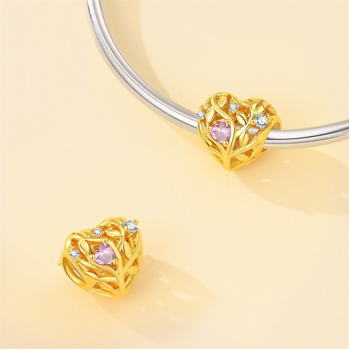 Pangama Jewelry Golden Heart Tree of Life Pink Crystal Charm