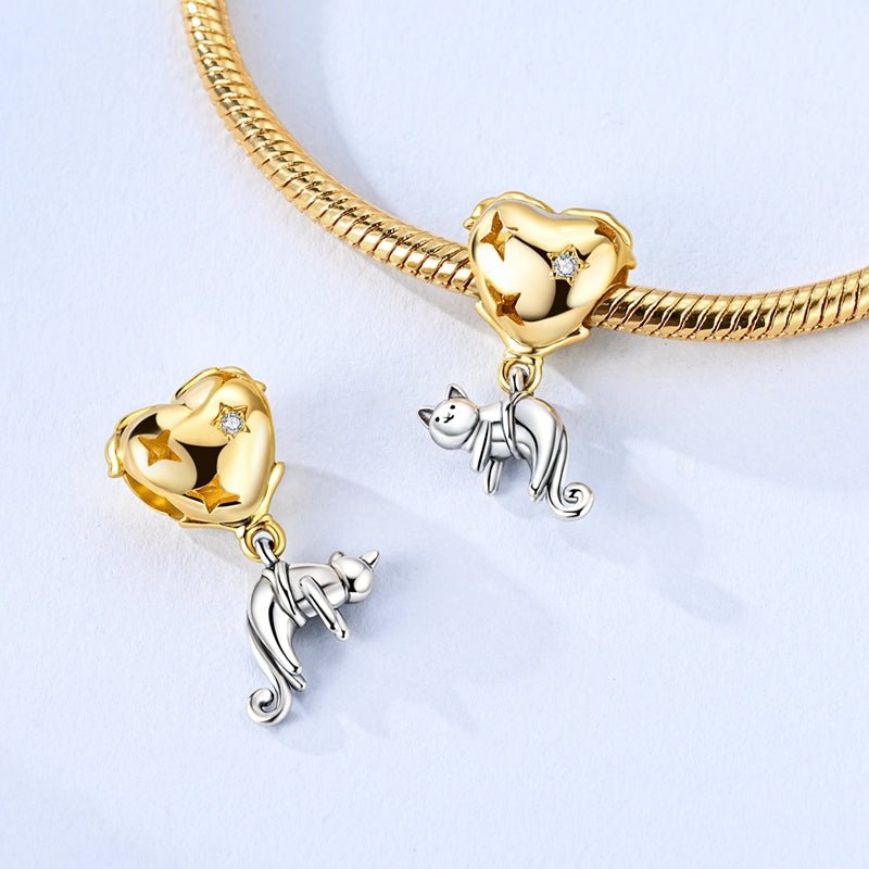 Pangama Jewelry Golden Heart with Playful Cat Dangle Charm