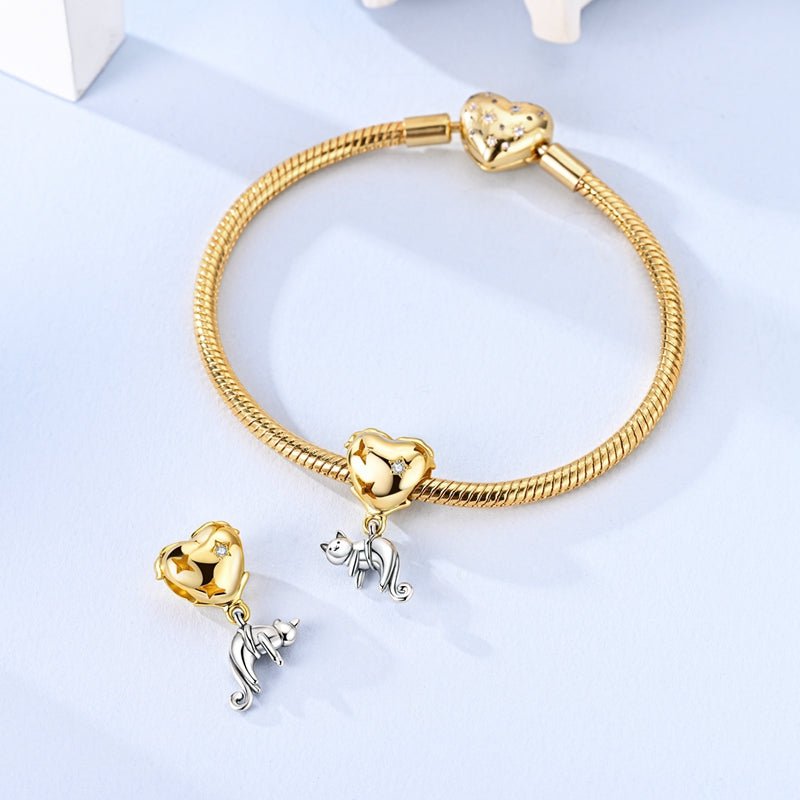 Pangama Jewelry Golden Heart with Playful Cat Dangle Charm
