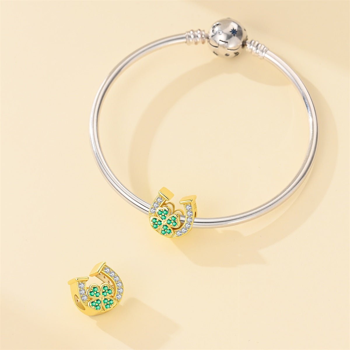Pangama Jewelry Golden Horseshoe with Green Clover Lucky Charm