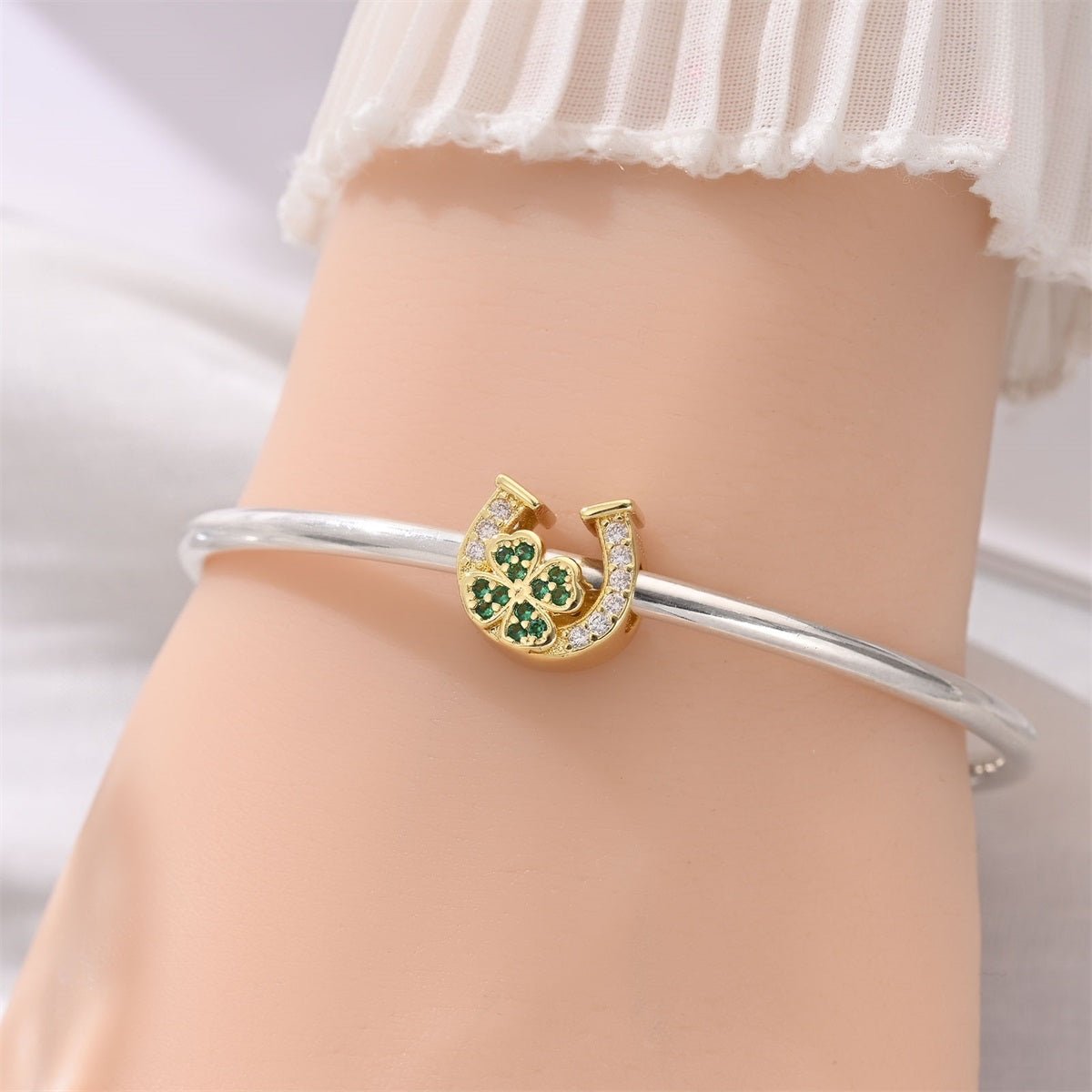 Pangama Jewelry Golden Horseshoe with Green Clover Lucky Charm