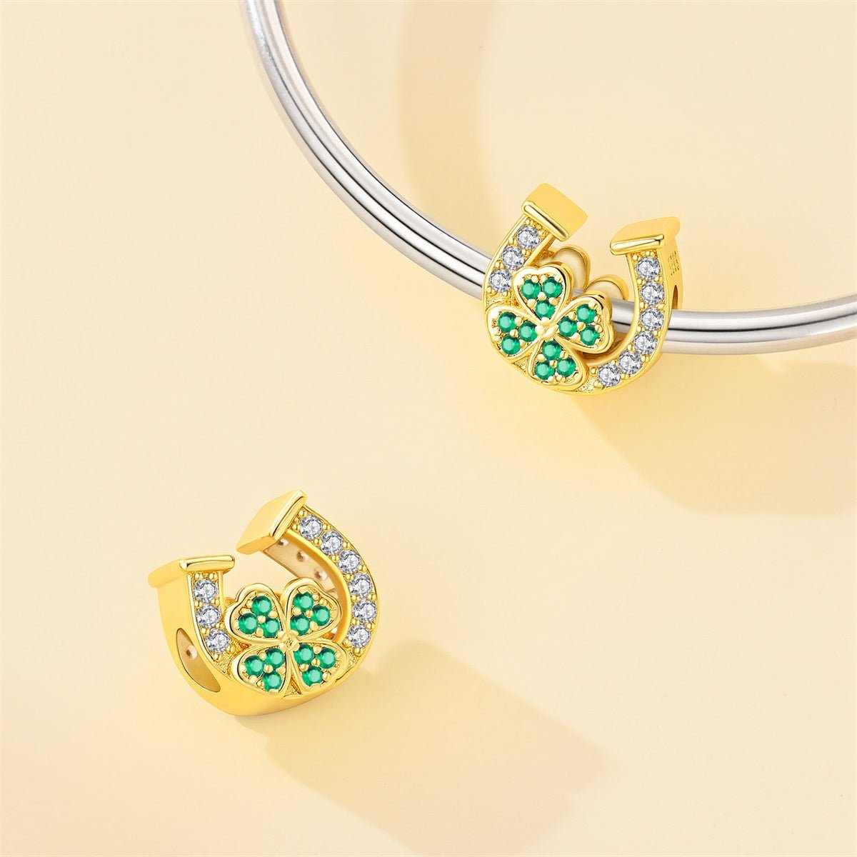 Pangama Jewelry Golden Horseshoe with Green Clover Lucky Charm