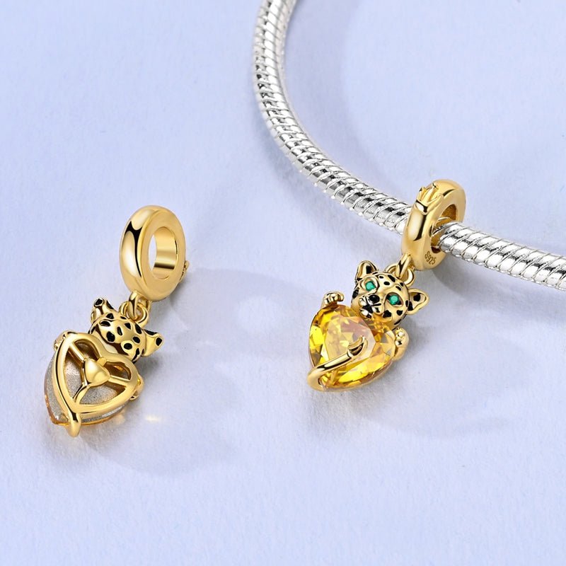Pangama Jewelry Golden Leopard with Yellow Heart Dangle Charm