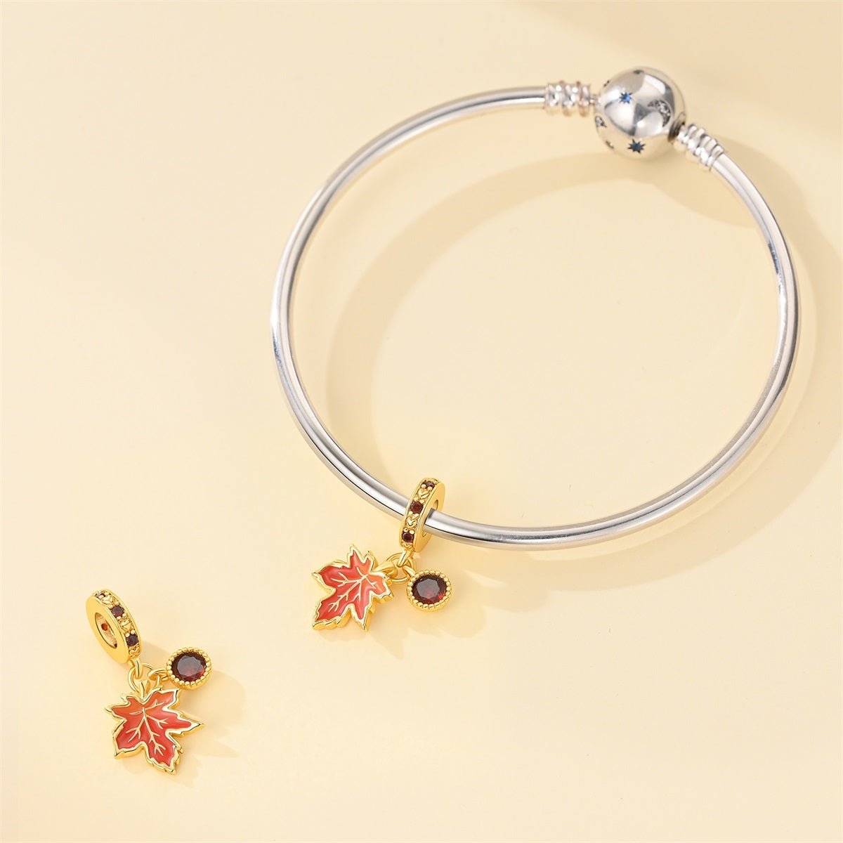 Pangama Jewelry Golden Maple Leaf & Red Crystal Dangle Charm